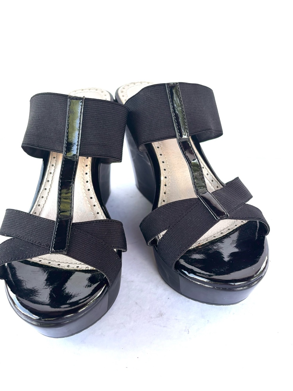 Charlies Patent Black Platform Wedge Sandals with Elastic T-Strap